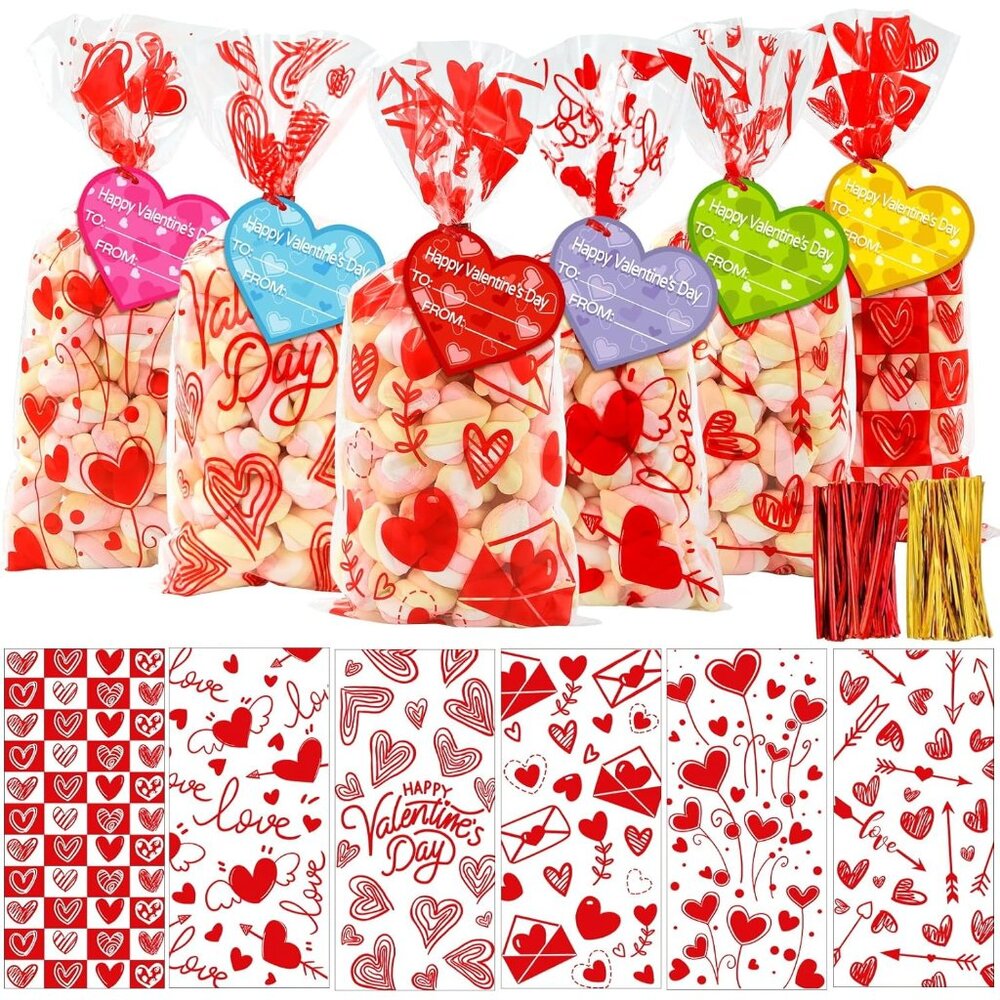 120pcs Valentines Cellophane Goodie Bags 6 Styles Valentines Day Red Heart Clear